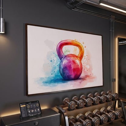 Kettlebell in Watercolor: Magenta, Orange & Blue Canvas in dark walnut floating frame