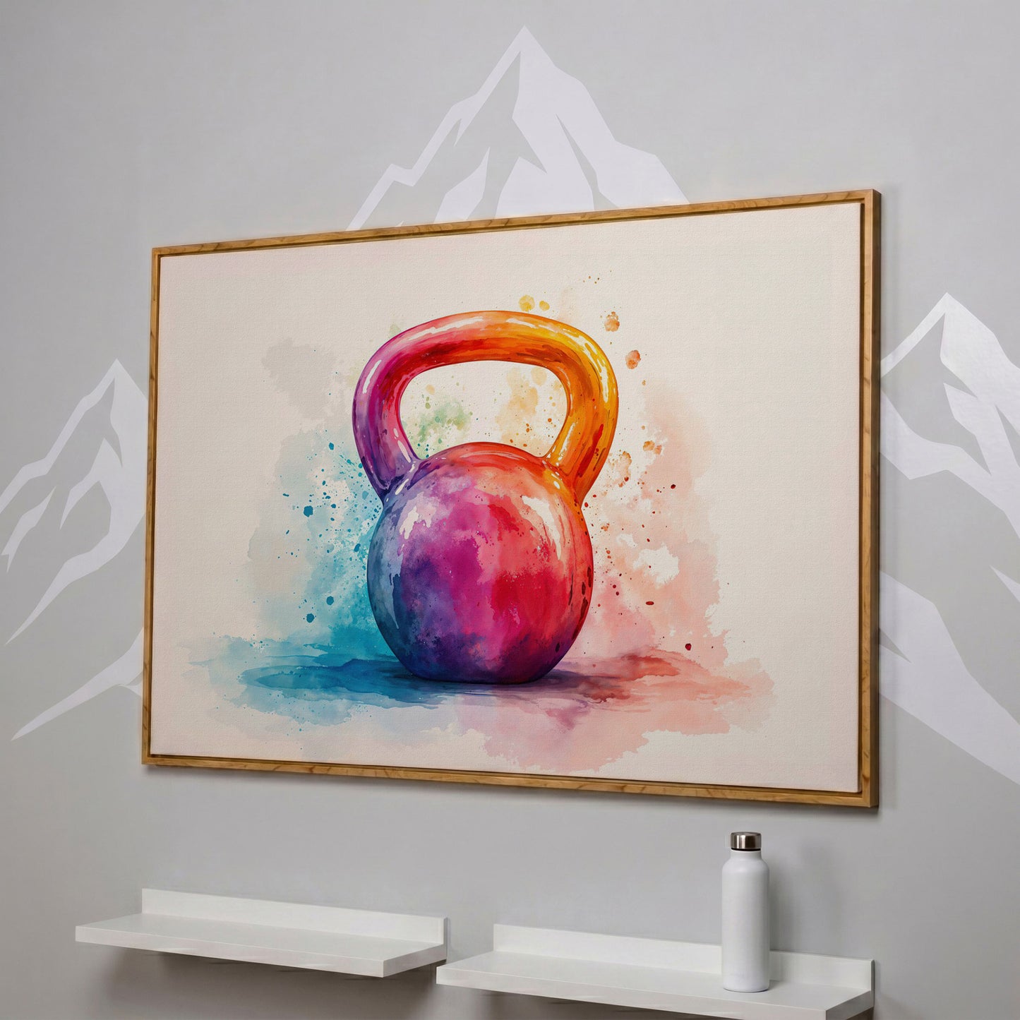 Kettlebell in Watercolor: Magenta, Orange & Blue Canvas in white oak floating frame