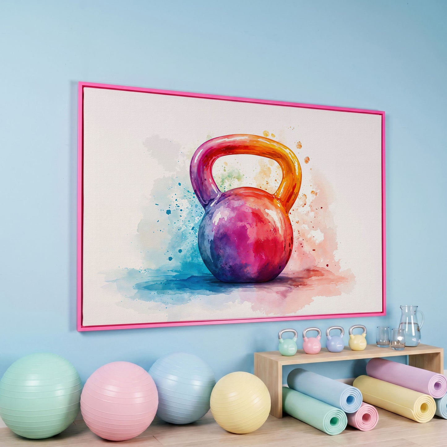 Kettlebell in Watercolor: Magenta, Orange & Blue Canvas in pink floating frame