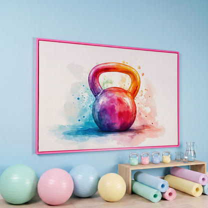 Kettlebell in Watercolor: Magenta, Orange & Blue Canvas in pink floating frame