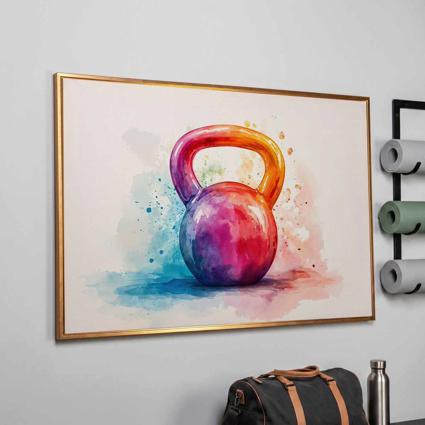 Kettlebell in Watercolor: Magenta, Orange & Blue Canvas in rose gold floating frame