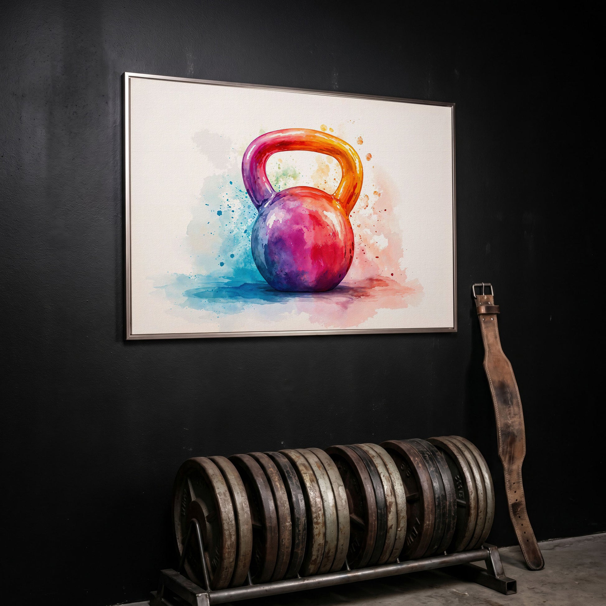 Kettlebell in Watercolor: Magenta, Orange & Blue Canvas in silver floating frame