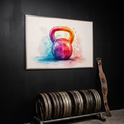 Kettlebell in Watercolor: Magenta, Orange & Blue Canvas in silver floating frame