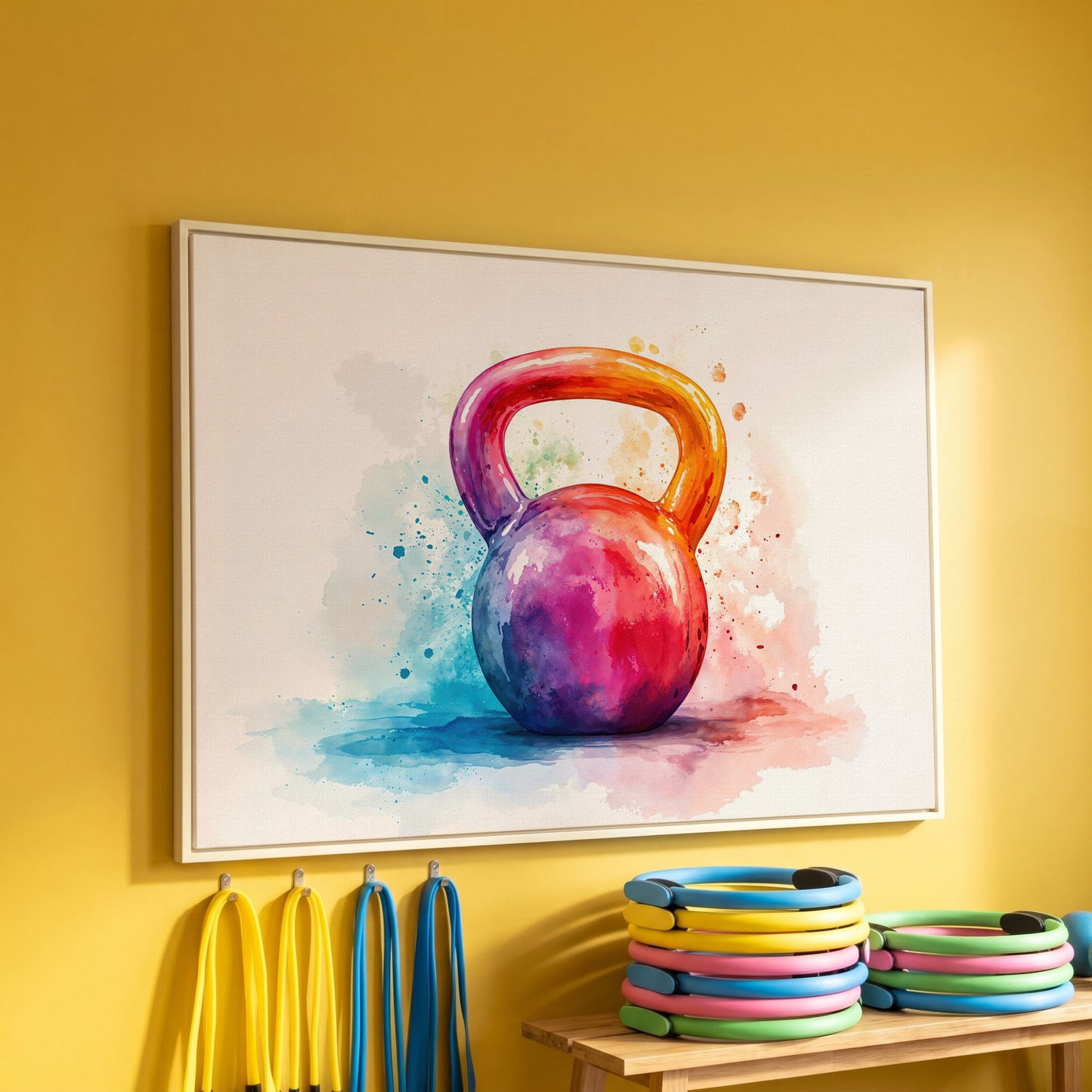Kettlebell in Watercolor: Magenta, Orange & Blue Canvas in white floating frame