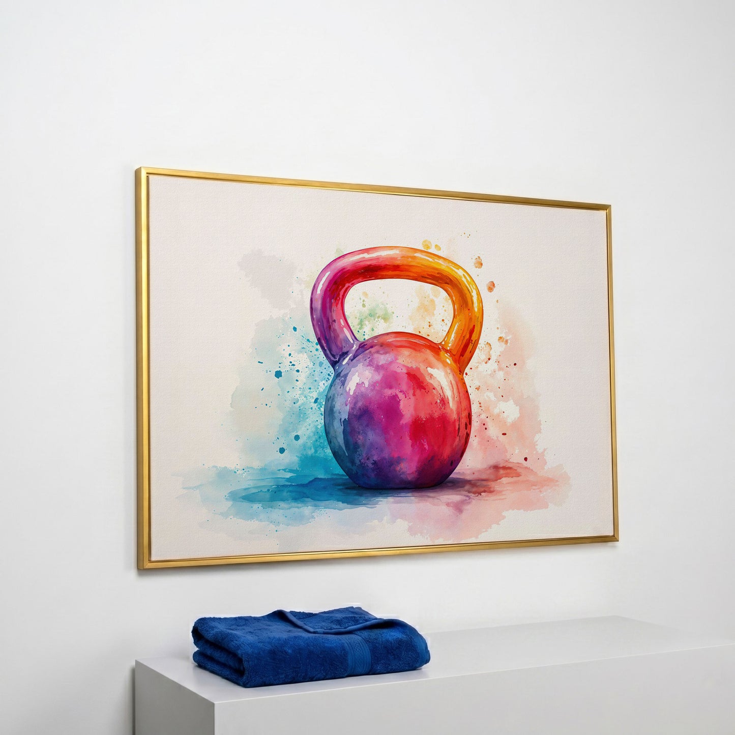 Kettlebell in Watercolor: Magenta, Orange & Blue Canvas in yellow gold floating frame