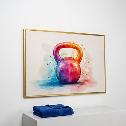 Kettlebell in Watercolor: Magenta, Orange & Blue Canvas in yellow gold floating frame