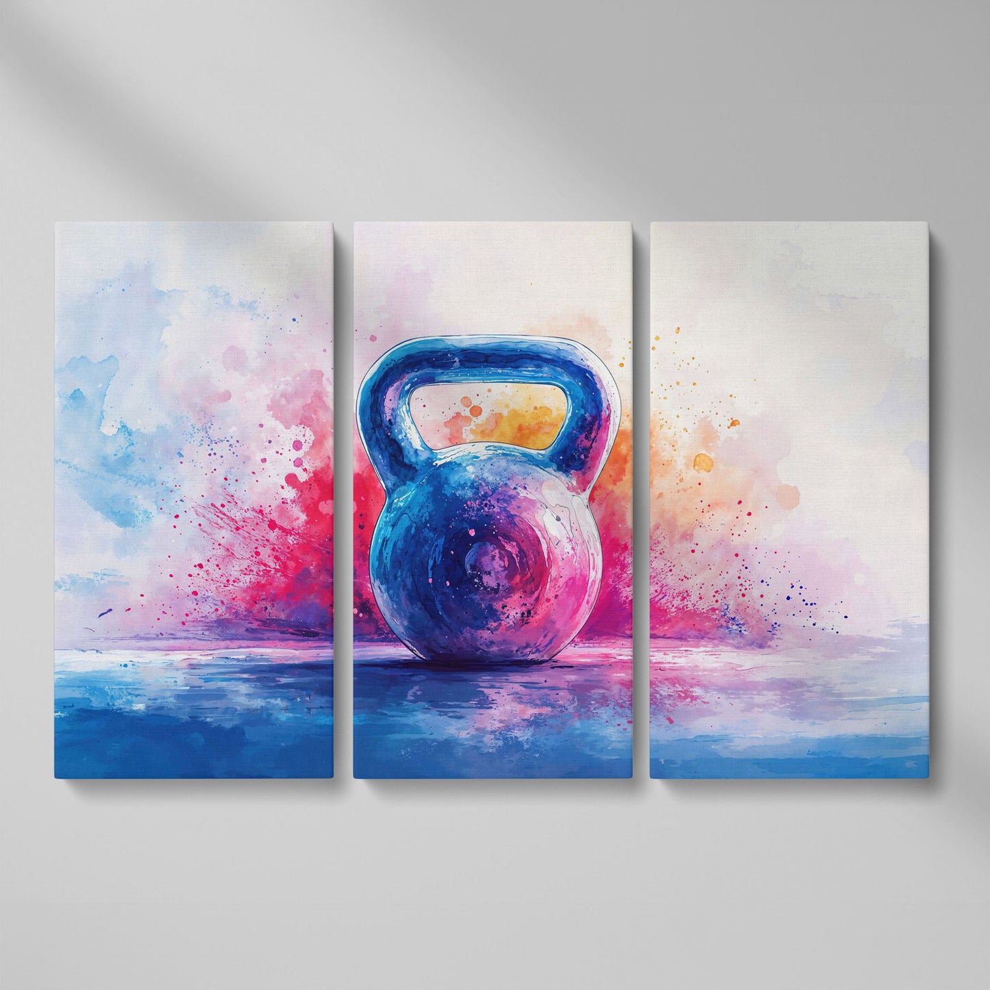 Watercolor Kettlebell Canvas Print in Cerulean and Pink as 3-panel split version