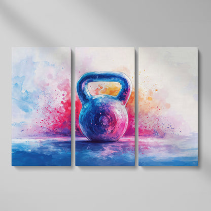 Watercolor Kettlebell Canvas Print in Cerulean and Pink as 3-panel split version