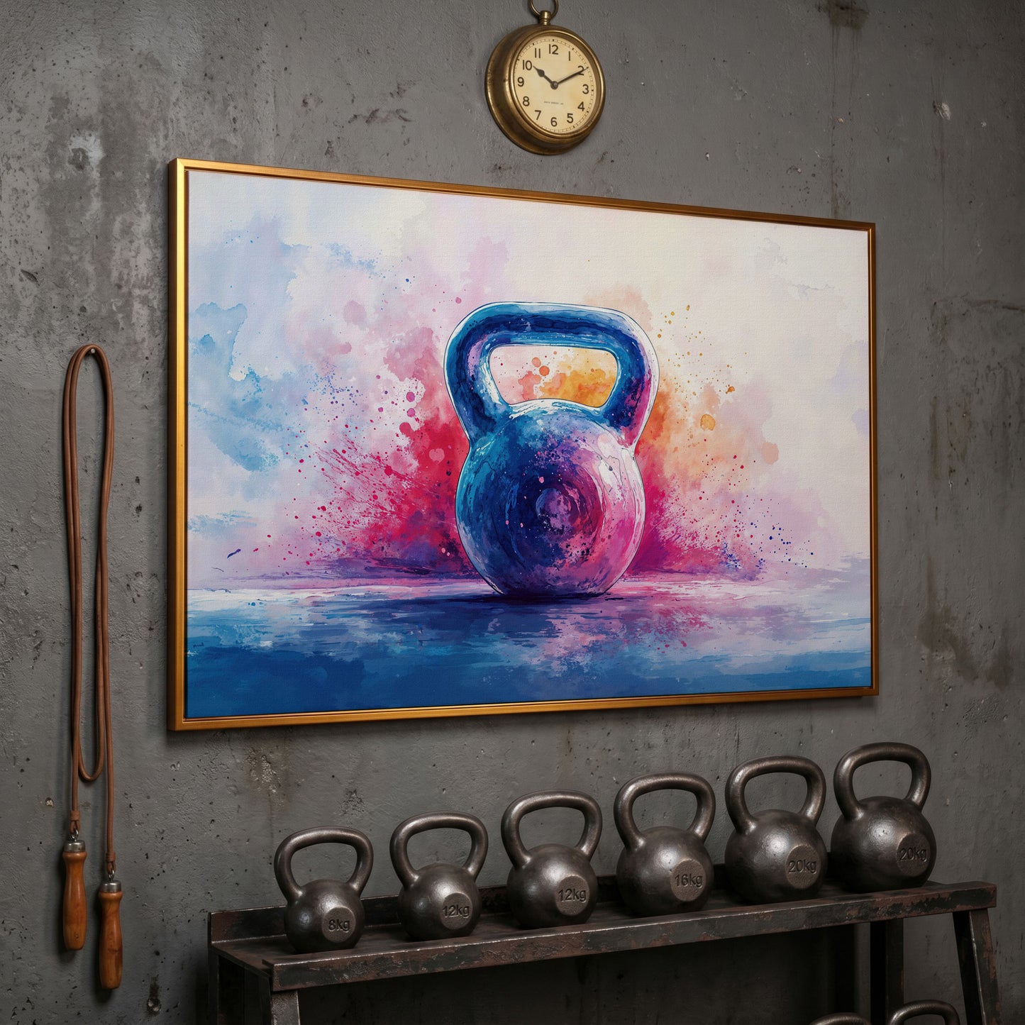Watercolor Kettlebell Canvas Print in Cerulean and Pink in antique gold floating frame