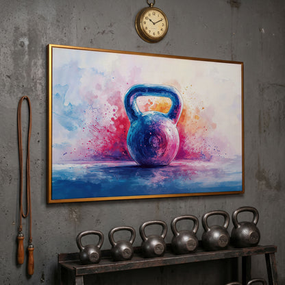 Watercolor Kettlebell Canvas Print in Cerulean and Pink in antique gold floating frame