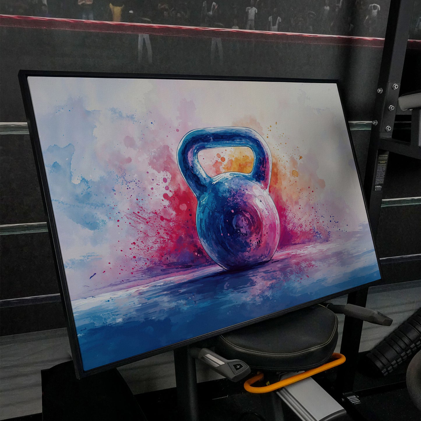 Watercolor Kettlebell Canvas Print in Cerulean and Pink in black floating frame