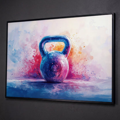 Watercolor Kettlebell Canvas Print in Cerulean and Pink shown in black floating frame