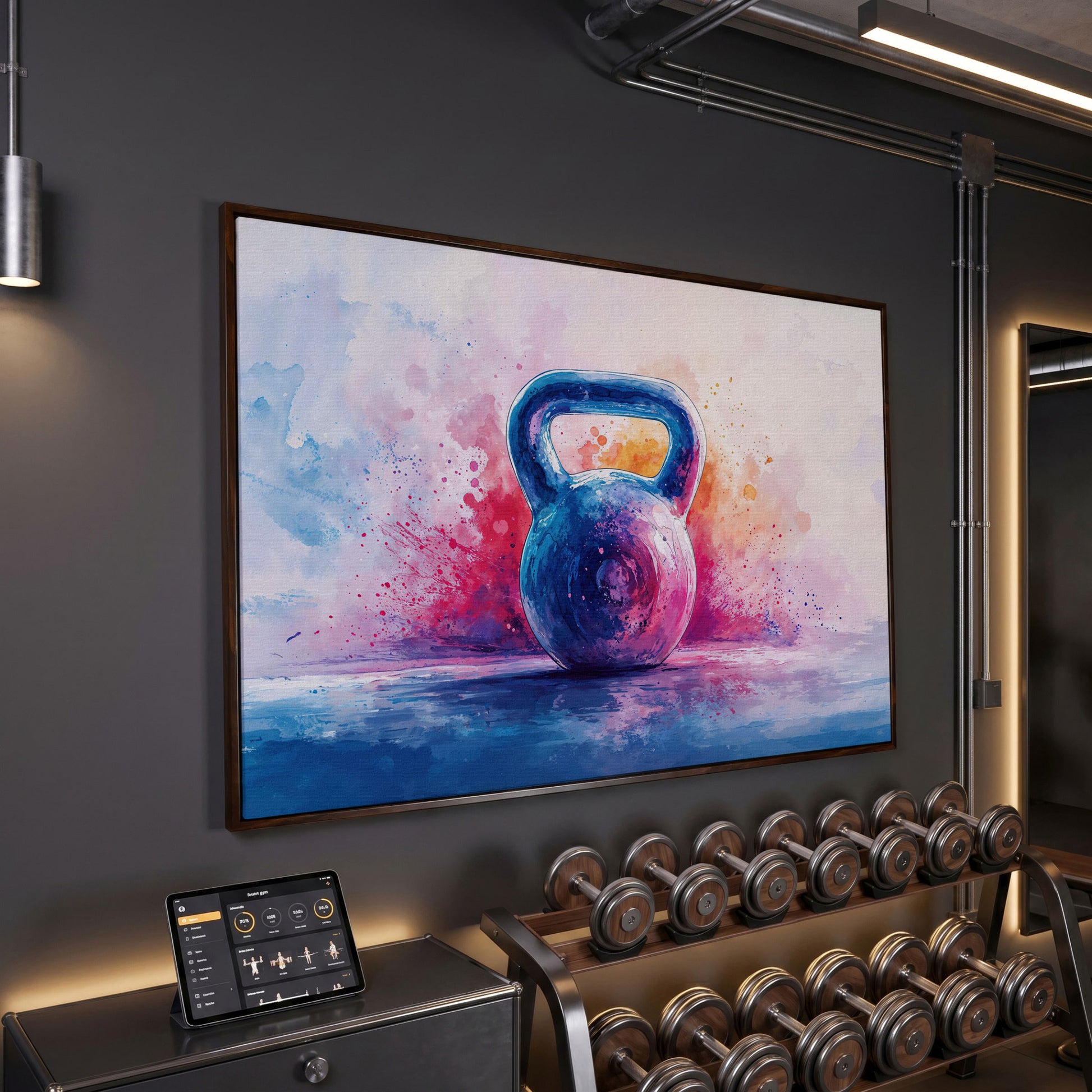 Watercolor Kettlebell Canvas Print in Cerulean and Pink in dark walnut floating frame