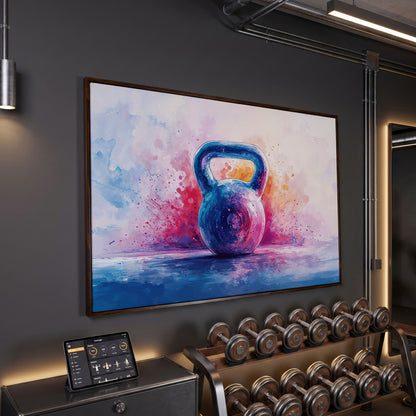 Watercolor Kettlebell Canvas Print in Cerulean and Pink in dark walnut floating frame
