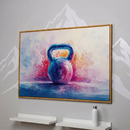 Watercolor Kettlebell Canvas Print in Cerulean and Pink in white oak floating frame