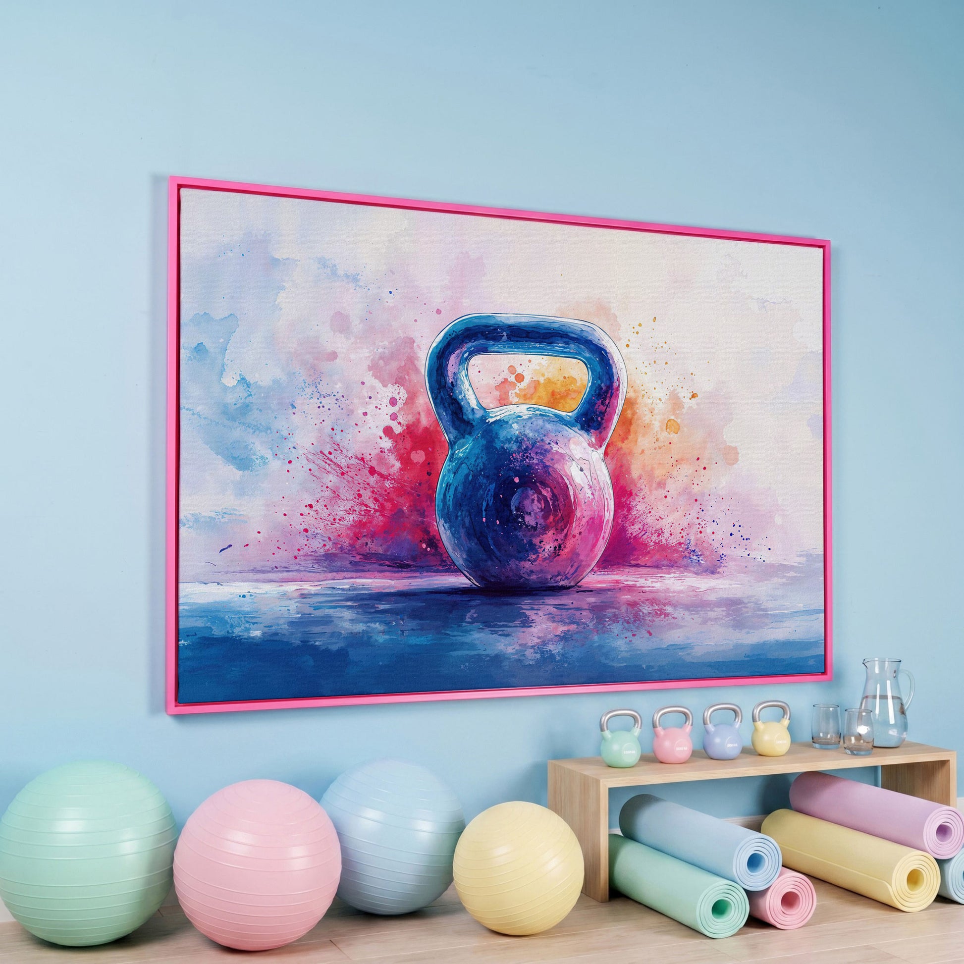 Watercolor Kettlebell Canvas Print in Cerulean and Pink in pink floating frame