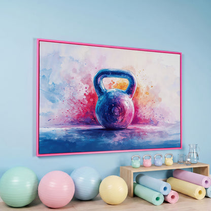 Watercolor Kettlebell Canvas Print in Cerulean and Pink in pink floating frame