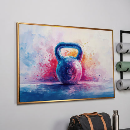 Watercolor Kettlebell Canvas Print in Cerulean and Pink in rose gold floating frame