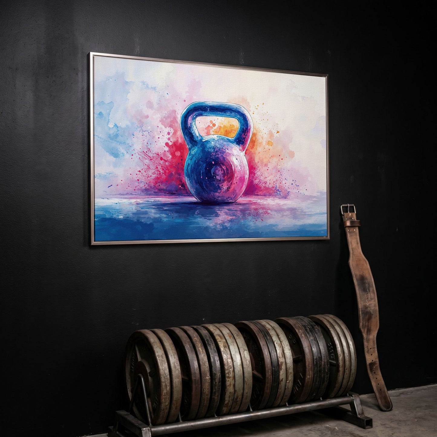 Watercolor Kettlebell Canvas Print in Cerulean and Pink in silver floating frame