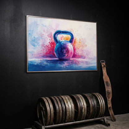 Watercolor Kettlebell Canvas Print in Cerulean and Pink in silver floating frame