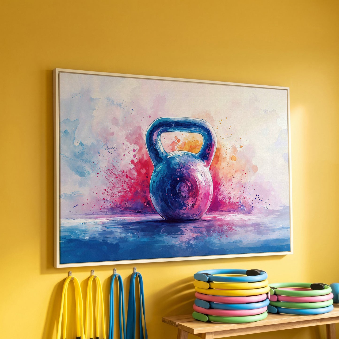 Watercolor Kettlebell Canvas Print in Cerulean and Pink in white floating frame