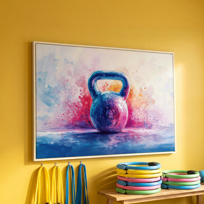 Watercolor Kettlebell Canvas Print in Cerulean and Pink in white floating frame