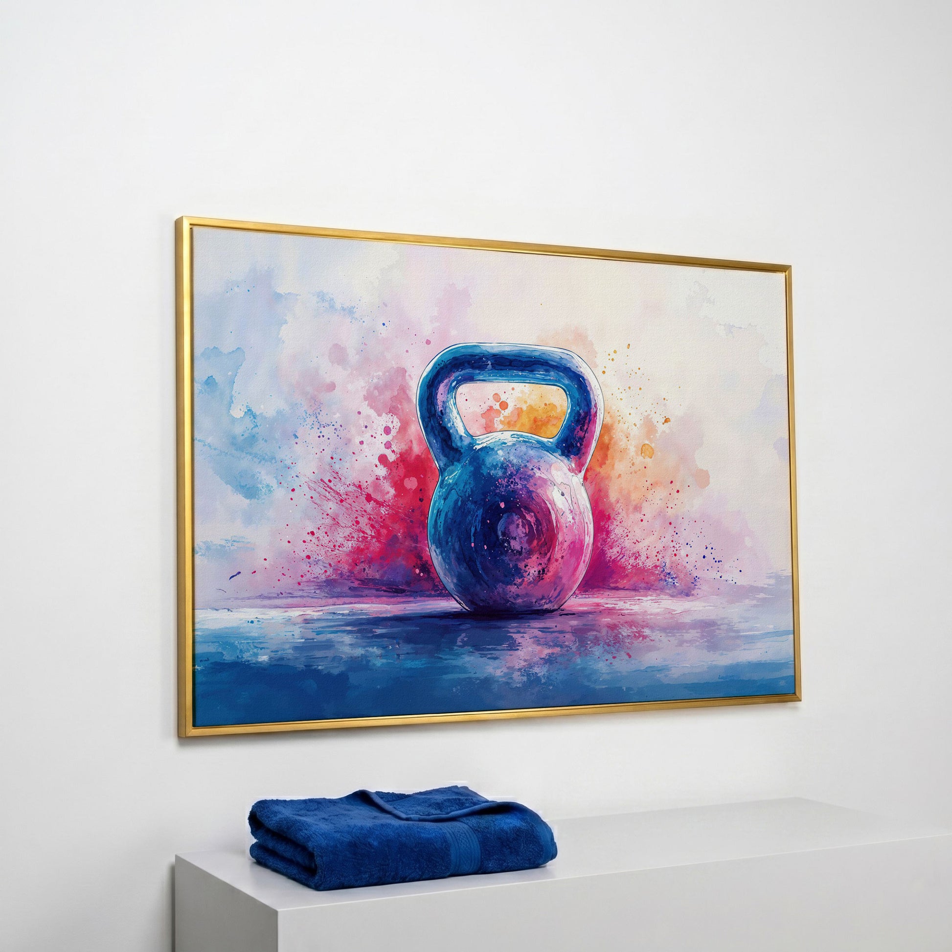 Watercolor Kettlebell Canvas Print in Cerulean and Pink in yellow gold floating frame