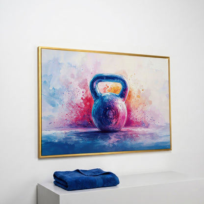 Watercolor Kettlebell Canvas Print in Cerulean and Pink in yellow gold floating frame