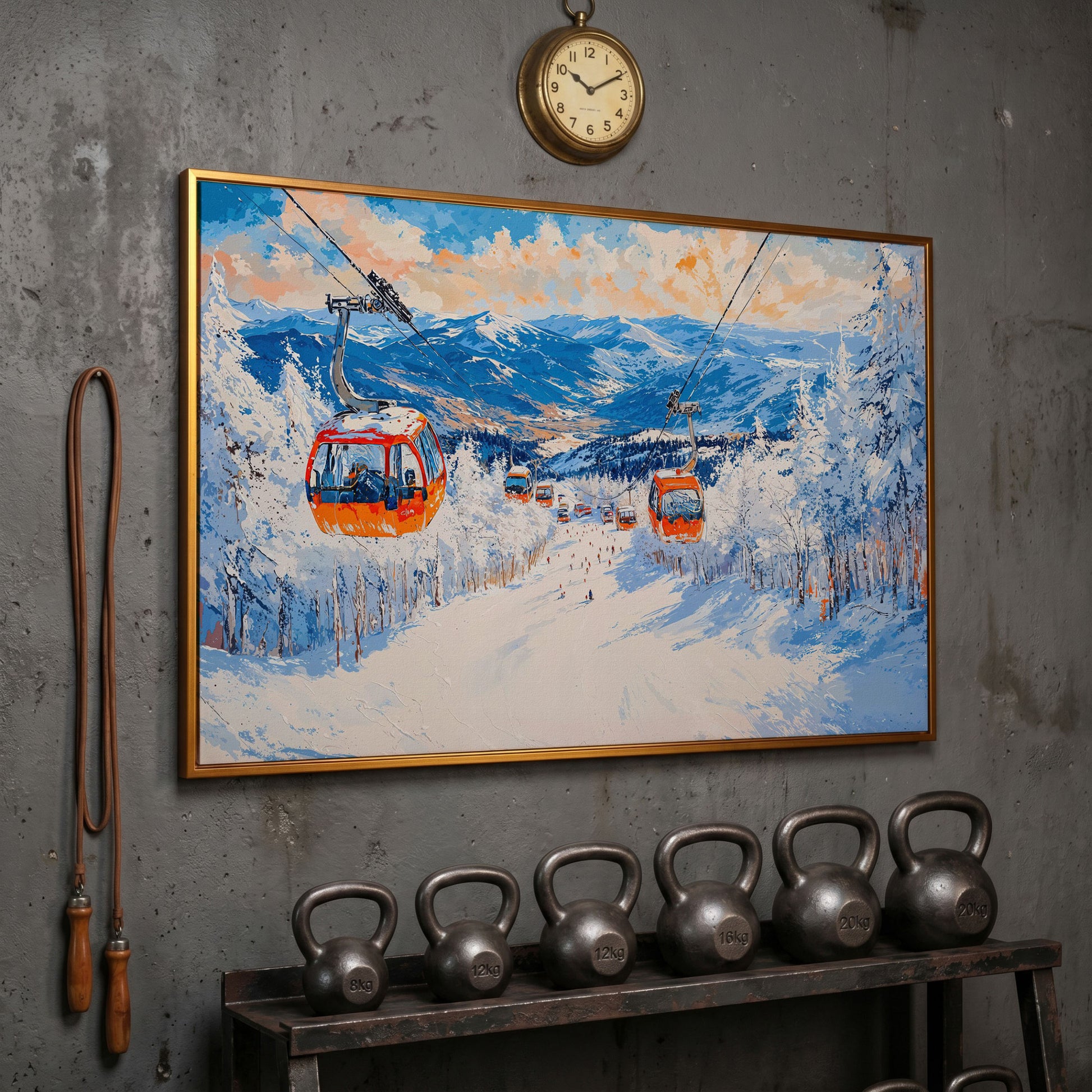 Snowy Mountain Ski Resort Canvas Print with Orange Gondola in antique gold floating frame