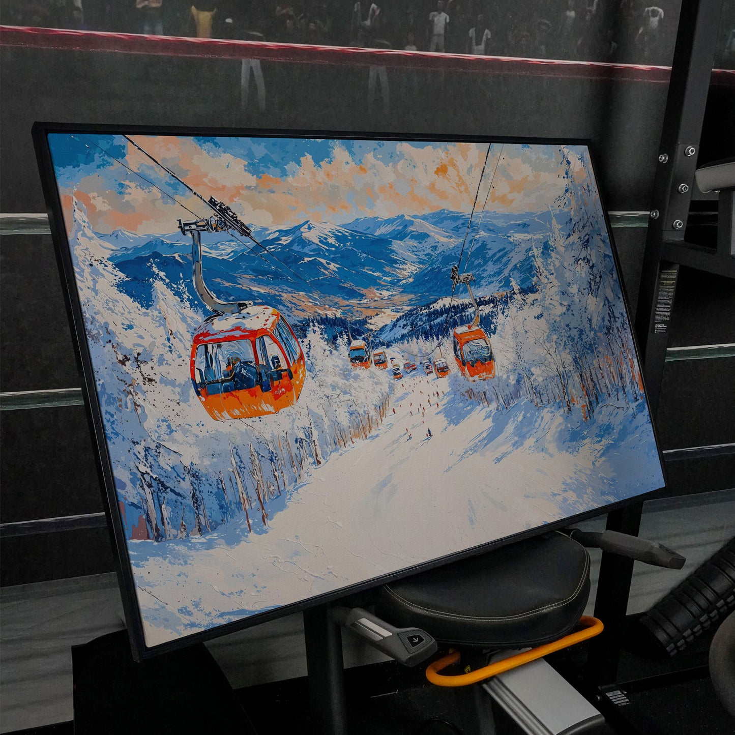 Snowy Mountain Ski Resort Canvas Print with Orange Gondola in black floating frame