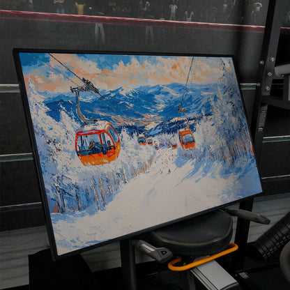 Snowy Mountain Ski Resort Canvas Print with Orange Gondola in black floating frame
