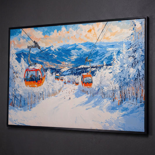 Snowy Mountain Ski Resort Canvas Print with Orange Gondola shown in black floating frame