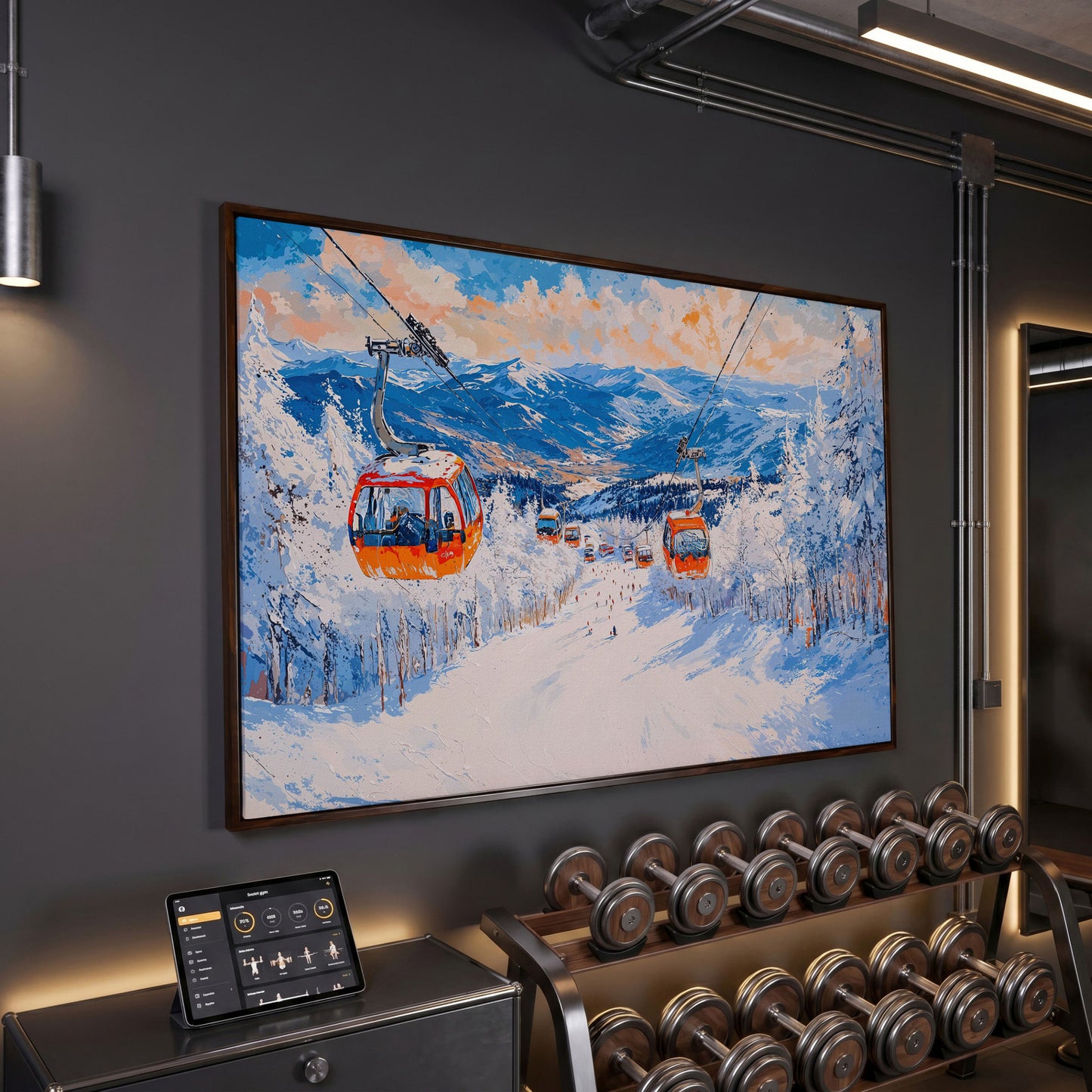 Snowy Mountain Ski Resort Canvas Print with Orange Gondola in dark walnut floating frame