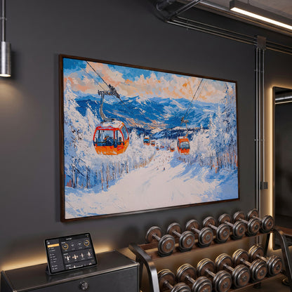 Snowy Mountain Ski Resort Canvas Print with Orange Gondola in dark walnut floating frame