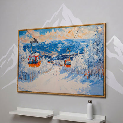 Snowy Mountain Ski Resort Canvas Print with Orange Gondola in white oak floating frame