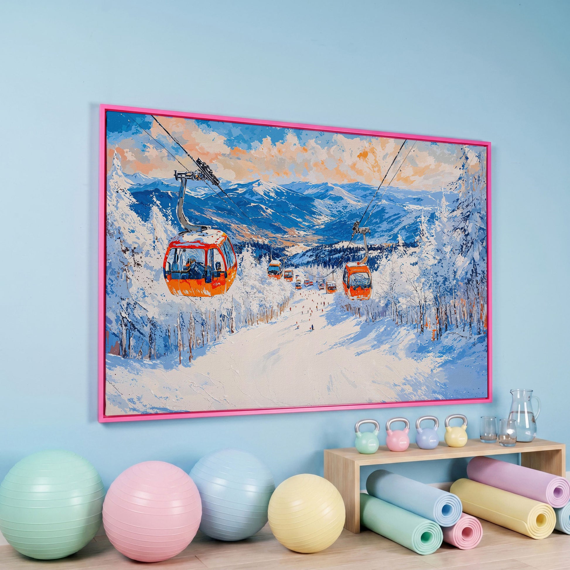 Snowy Mountain Ski Resort Canvas Print with Orange Gondola in pink floating frame