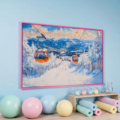 Snowy Mountain Ski Resort Canvas Print with Orange Gondola in pink floating frame