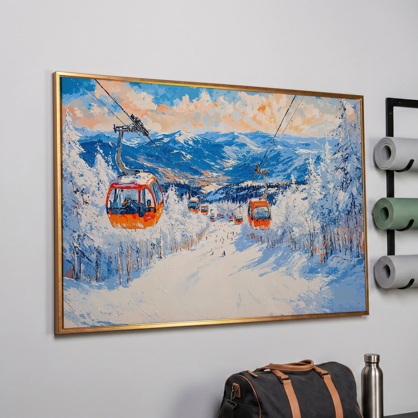 Snowy Mountain Ski Resort Canvas Print with Orange Gondola in rose gold floating frame