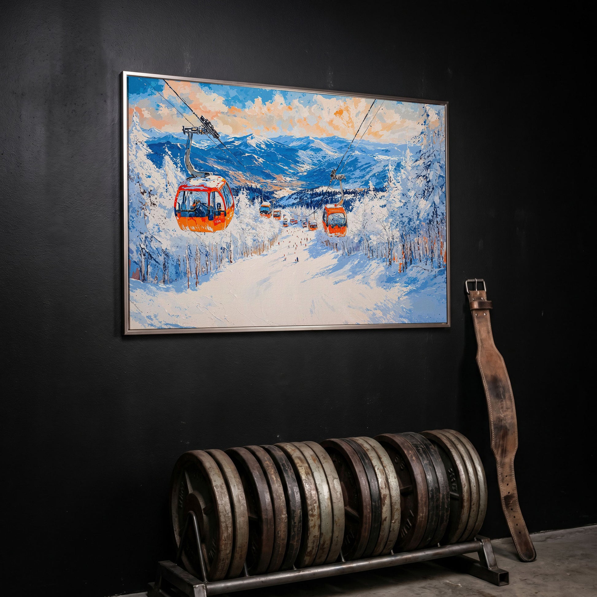 Snowy Mountain Ski Resort Canvas Print with Orange Gondola in silver floating frame