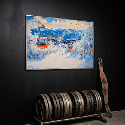 Snowy Mountain Ski Resort Canvas Print with Orange Gondola in silver floating frame