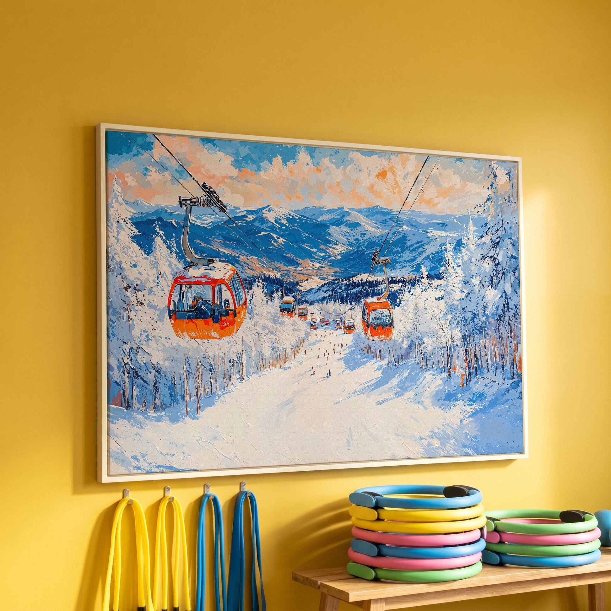 Snowy Mountain Ski Resort Canvas Print with Orange Gondola in white floating frame