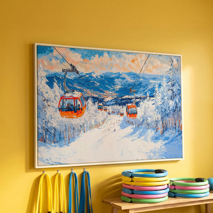 Snowy Mountain Ski Resort Canvas Print with Orange Gondola in white floating frame