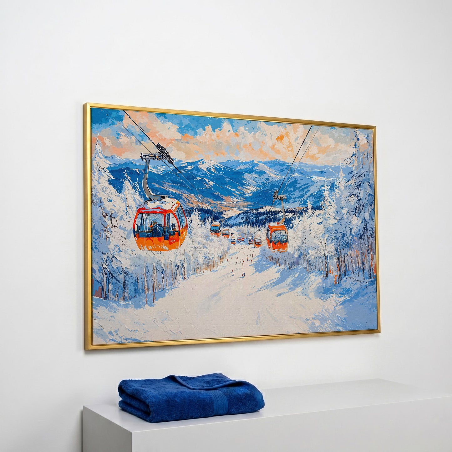 Snowy Mountain Ski Resort Canvas Print with Orange Gondola in yellow gold floating frame