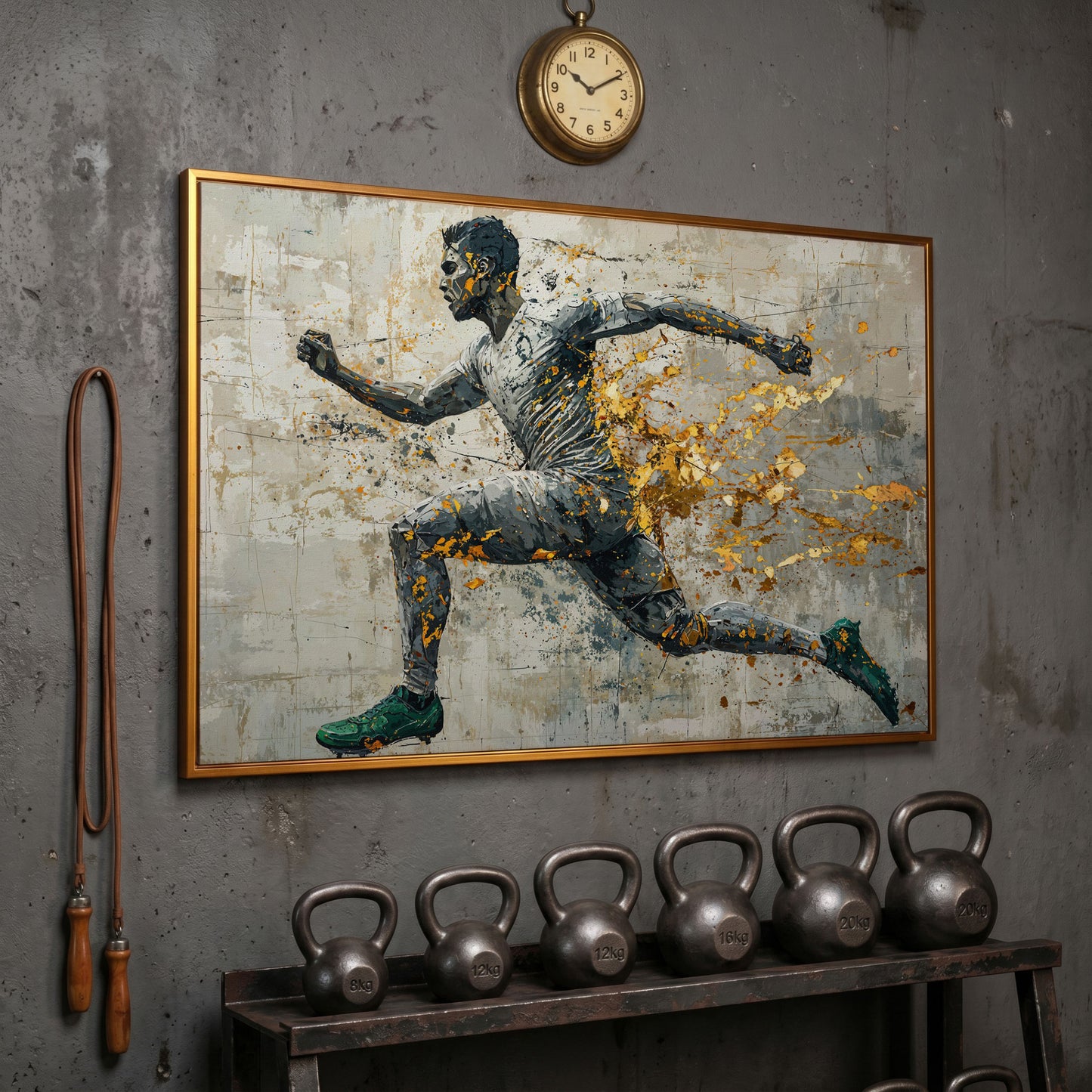 Abstract Runner Canvas Print with Gold Accents in antique gold floating frame