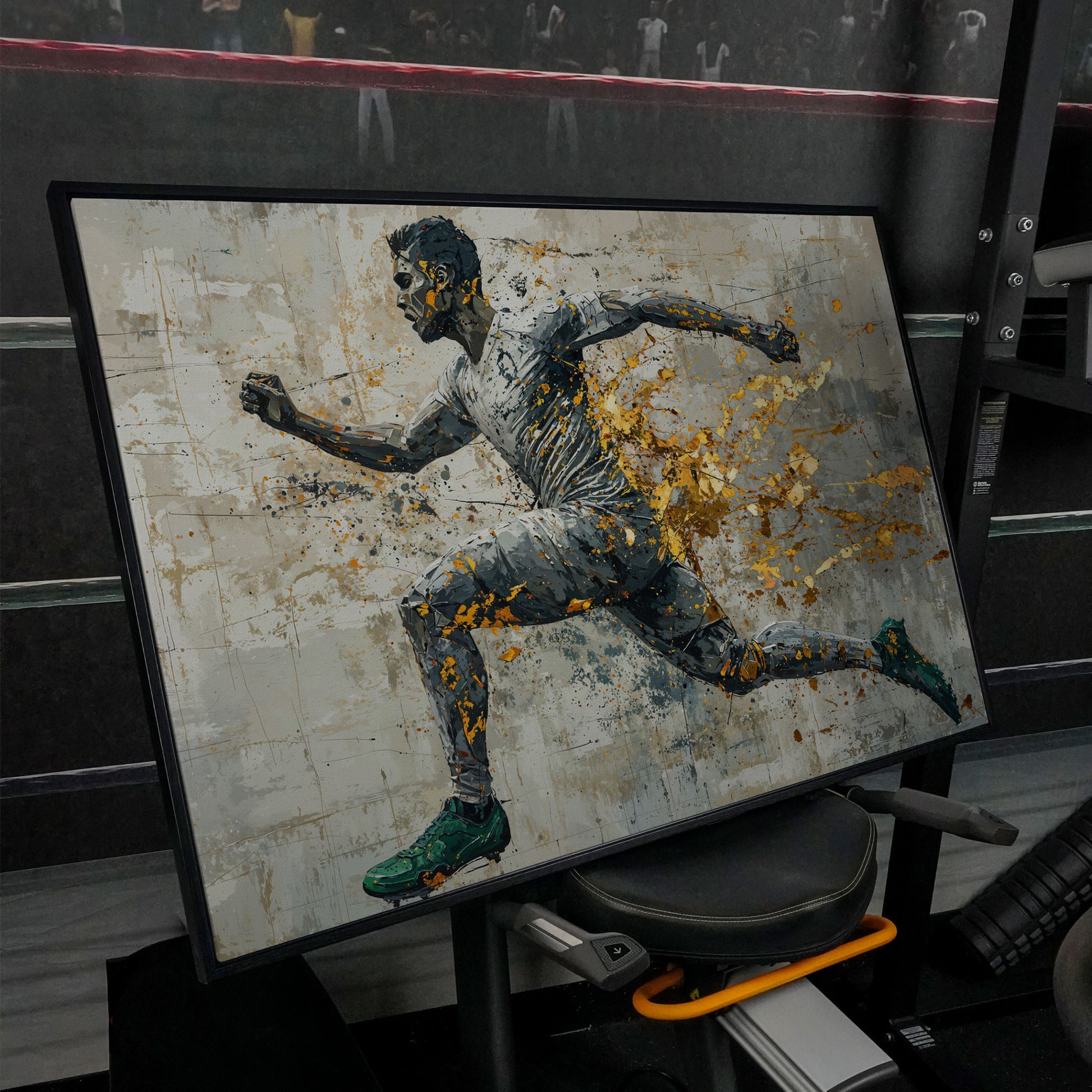 Abstract Runner Canvas Print with Gold Accents in black floating frame