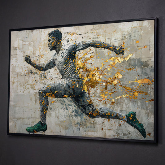 Abstract Runner Canvas Print with Gold Accents shown in black floating frame