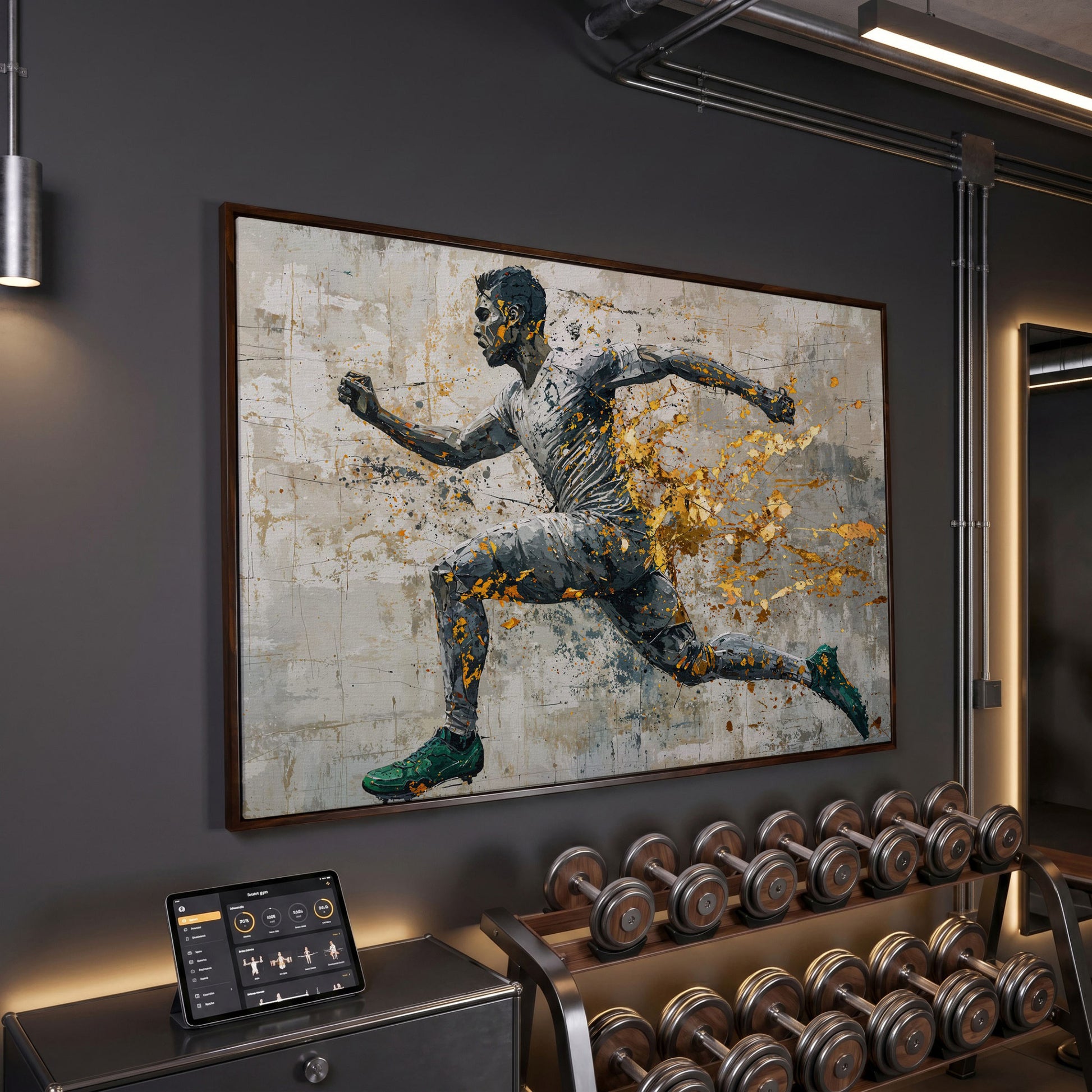 Abstract Runner Canvas Print with Gold Accents in dark walnut floating frame