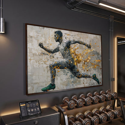 Abstract Runner Canvas Print with Gold Accents in dark walnut floating frame