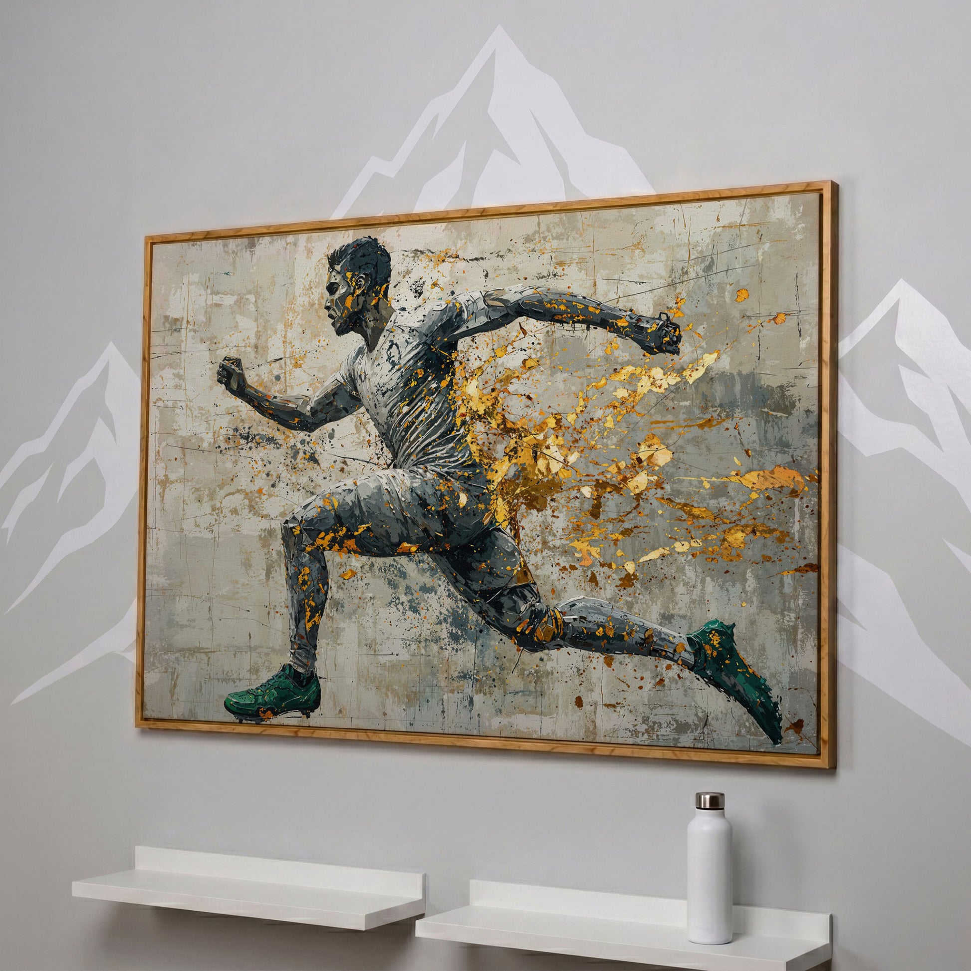 Abstract Runner Canvas Print with Gold Accents in white oak floating frame