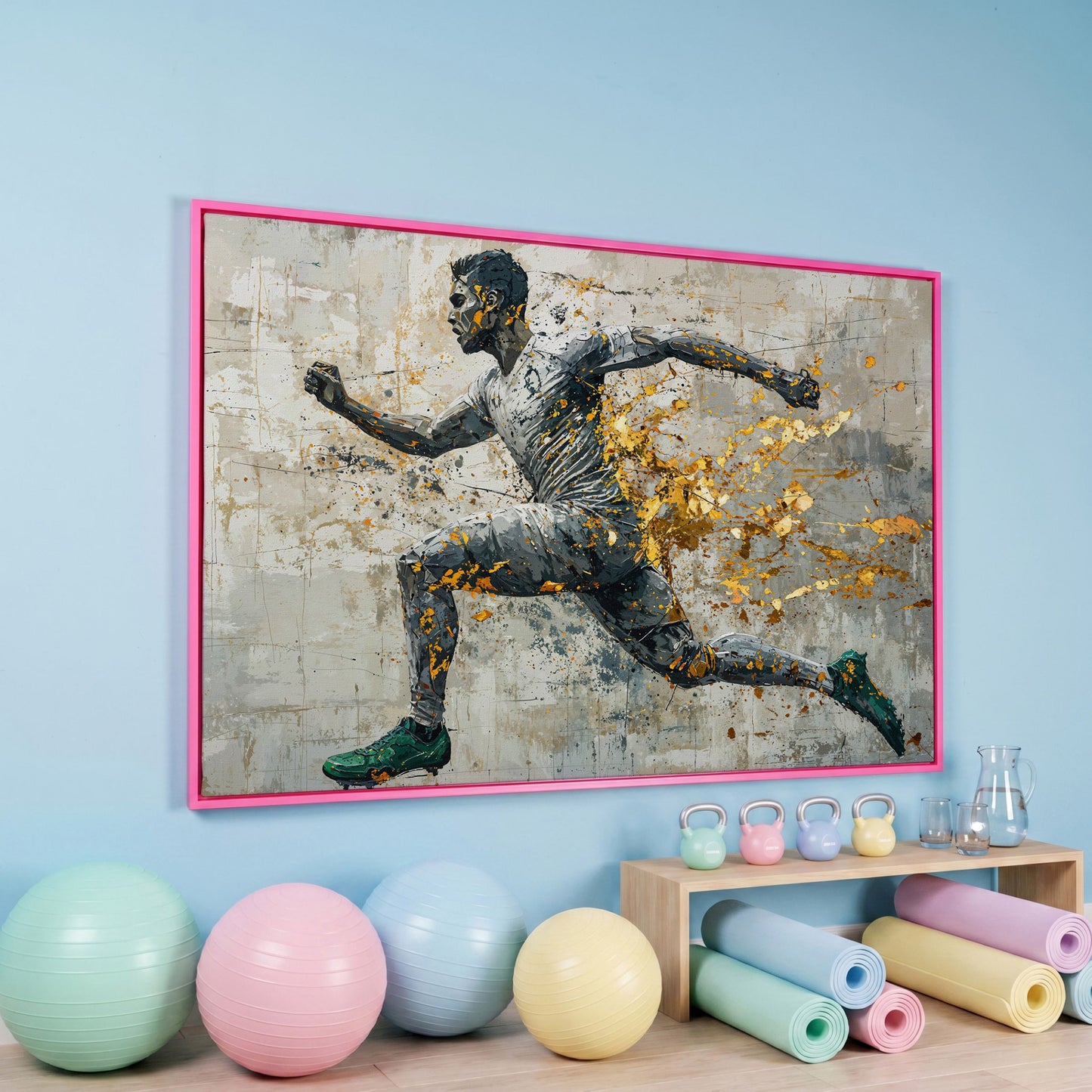 Abstract Runner Canvas Print with Gold Accents in pink floating frame